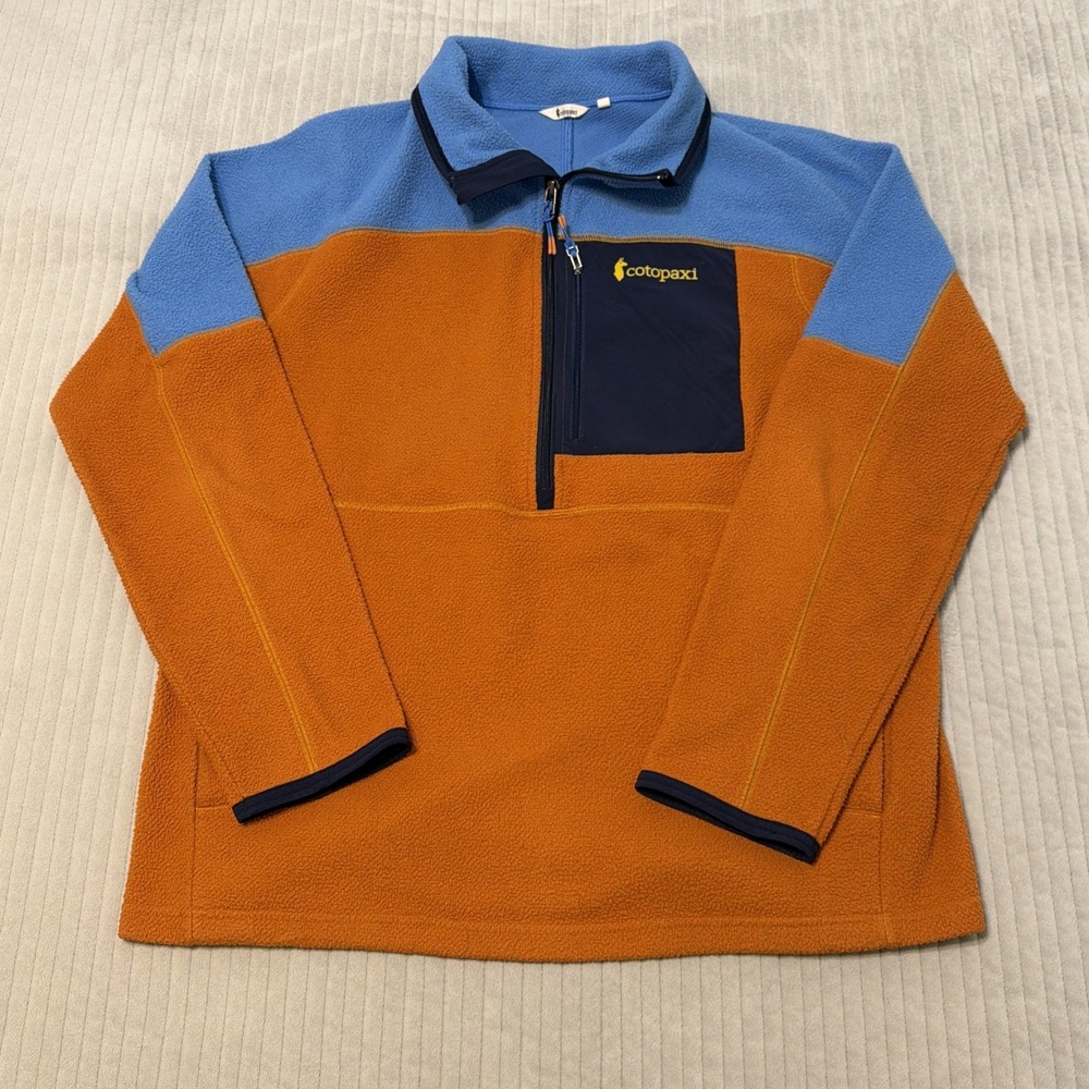 Cotopaxi Abrazo Pullover Mens Medium Orange Blue 1/2 Zip Fleece Colorblock